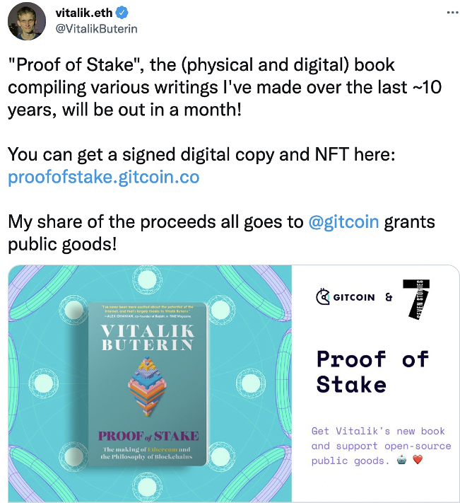 V神：新书《ProofofStake》即将出版，读者可在Gitcoin上捐赠并获取纪念NFT